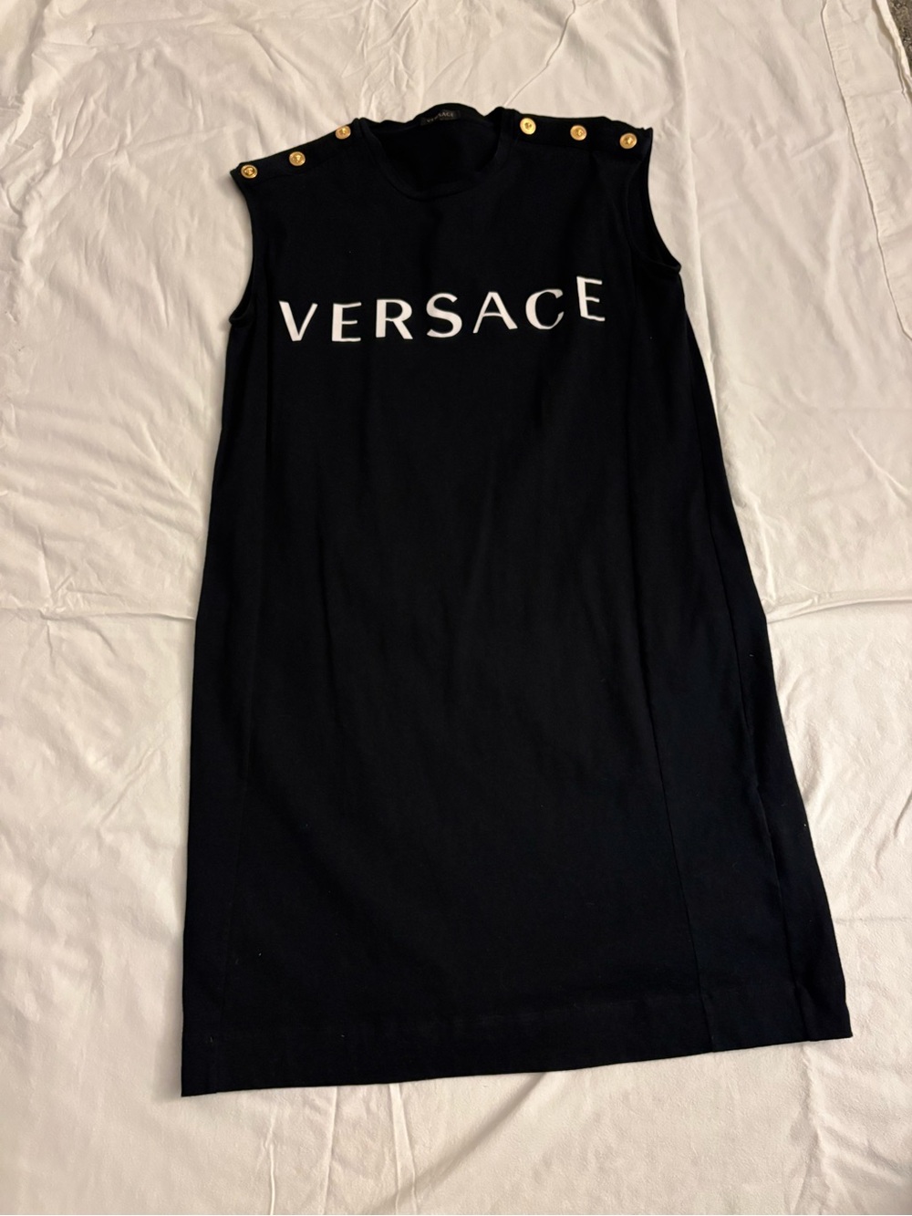 Versace Black Sleeveless Midi Dress with White Logo and Gold Buttons